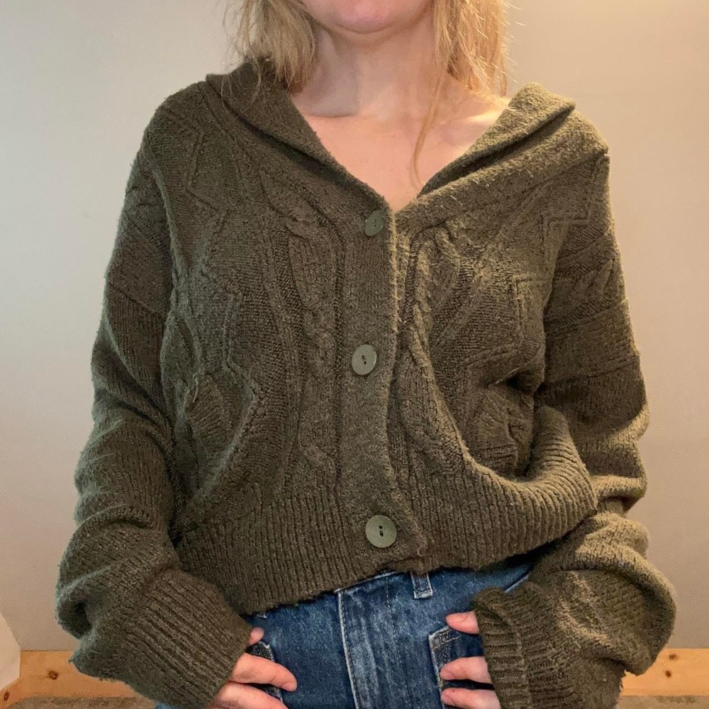 Pilcro Anthropologie Olive Green Cable knit Collared Cardigan